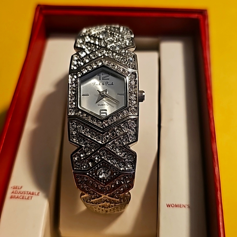 Peak & Peak Designer Rhinestone Cuff Watch, Silvertone